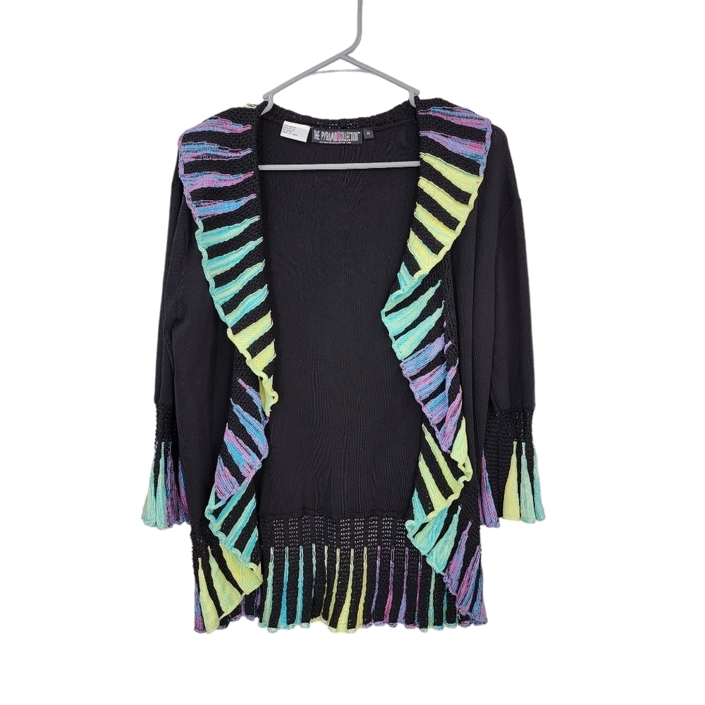 The Pyramid Collection Women's Vintage Colorful Ruffle Trim Open Cardigan - M